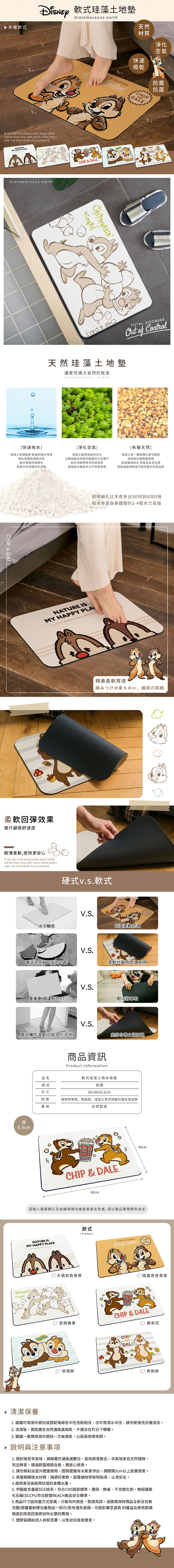迪士尼 奇奇蒂蒂-軟式珪藻土地墊60x40 | 硅藻土 腳踏墊 【收納王妃】 商品細節 1