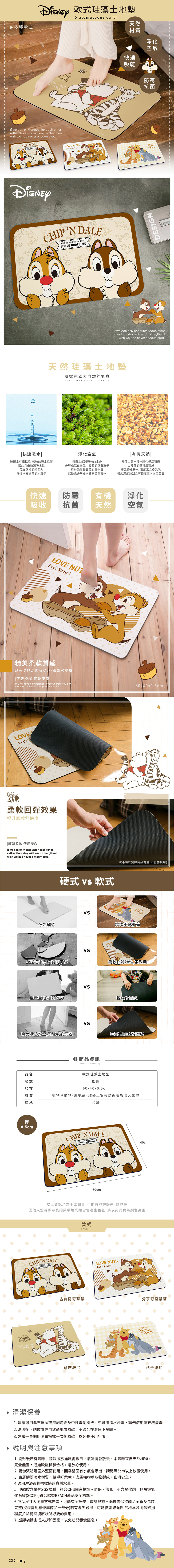 迪士尼 森林朋友系列-軟式珪藻土地墊60x40 |  小熊維尼 奇奇蒂蒂  【收納王妃】 商品細節 1