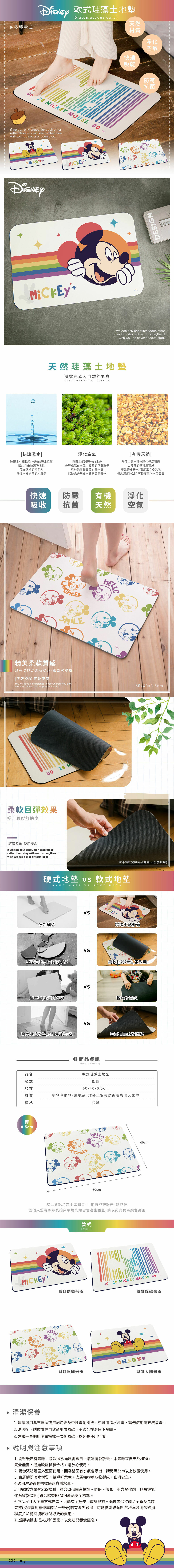 迪士尼 彩虹米奇-軟式珪藻土地墊60x40 | 硅藻土 腳踏墊 【收納王妃】 商品細節 1