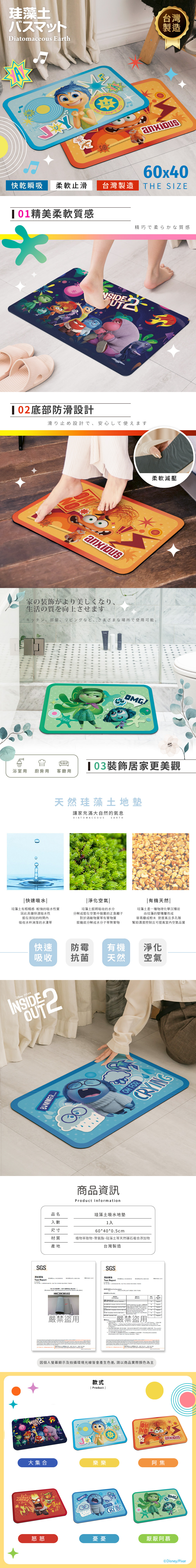 迪士尼 腦筋急轉彎-軟式珪藻土地墊60x40 | 硅藻土 腳踏墊 【收納王妃】 商品細節 1