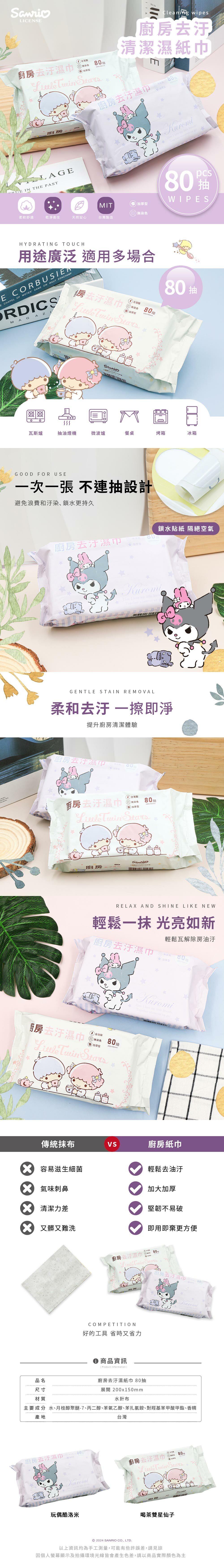 三麗鷗 去汙廚房濕紙巾80抽 | 廚房抹布 去油濕紙巾 紙巾 【收納王妃】 商品細節 1