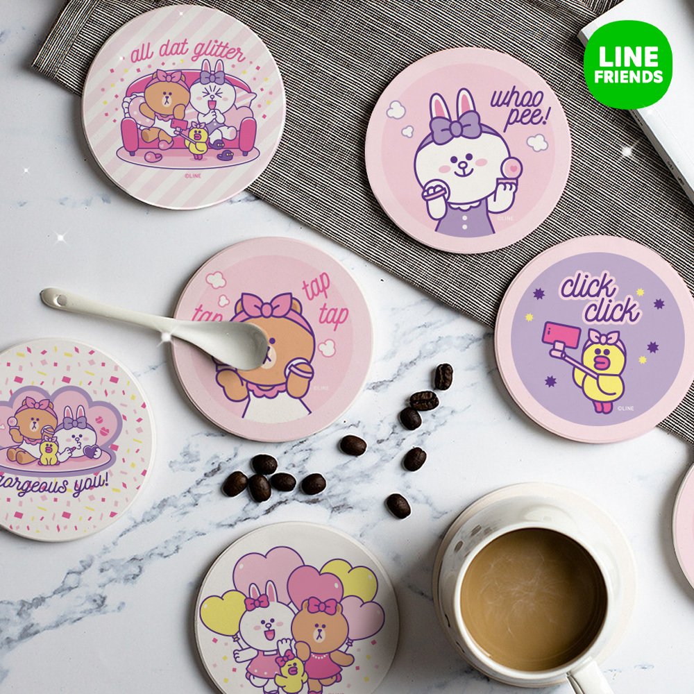 LINE FRIENDS 網美風-珪藻土杯墊2入組 | 防滑墊 吸水杯墊【收納王妃】