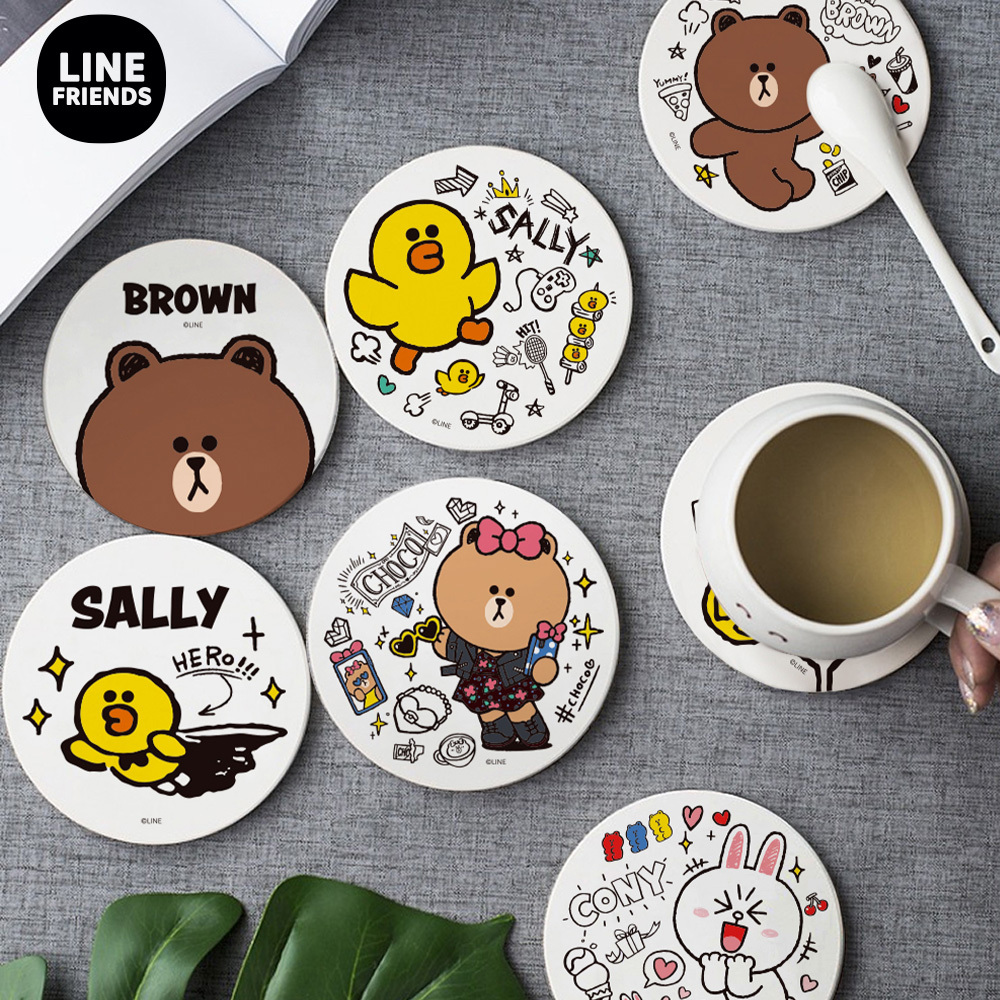 LINE FRIENDS 塗鴉風-珪藻土杯墊2入組 | 防滑墊 吸水杯墊 熊大【收納王妃】