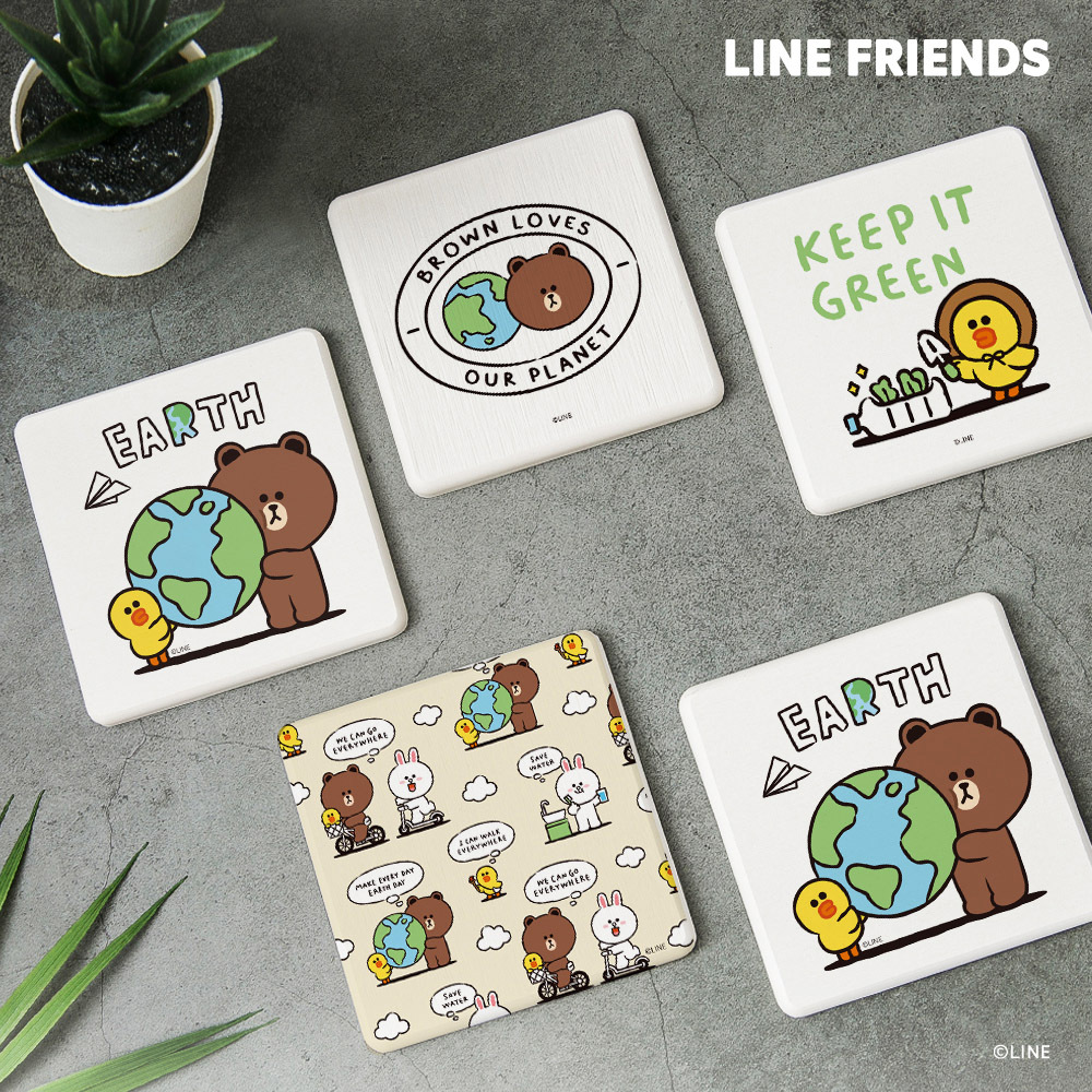 LINE FRIENDS  綠色環保-珪藻土杯墊2入組 | 防滑墊 吸水杯墊 熊大【收納王妃】